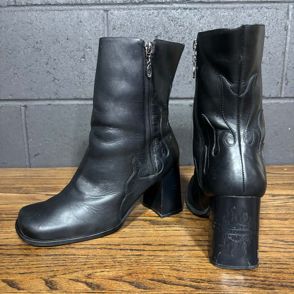 Vintage Y2K Harley Davidson Black Leather Flame Heel Boots Brazil Women’s 9